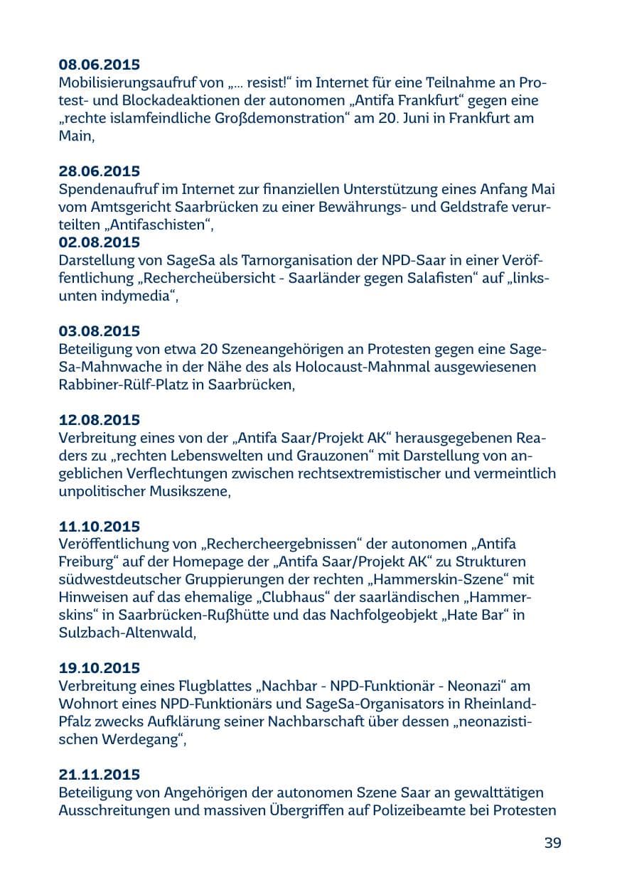 Seite 39 des Verfassungsschutzbericht 2015 Saarland
