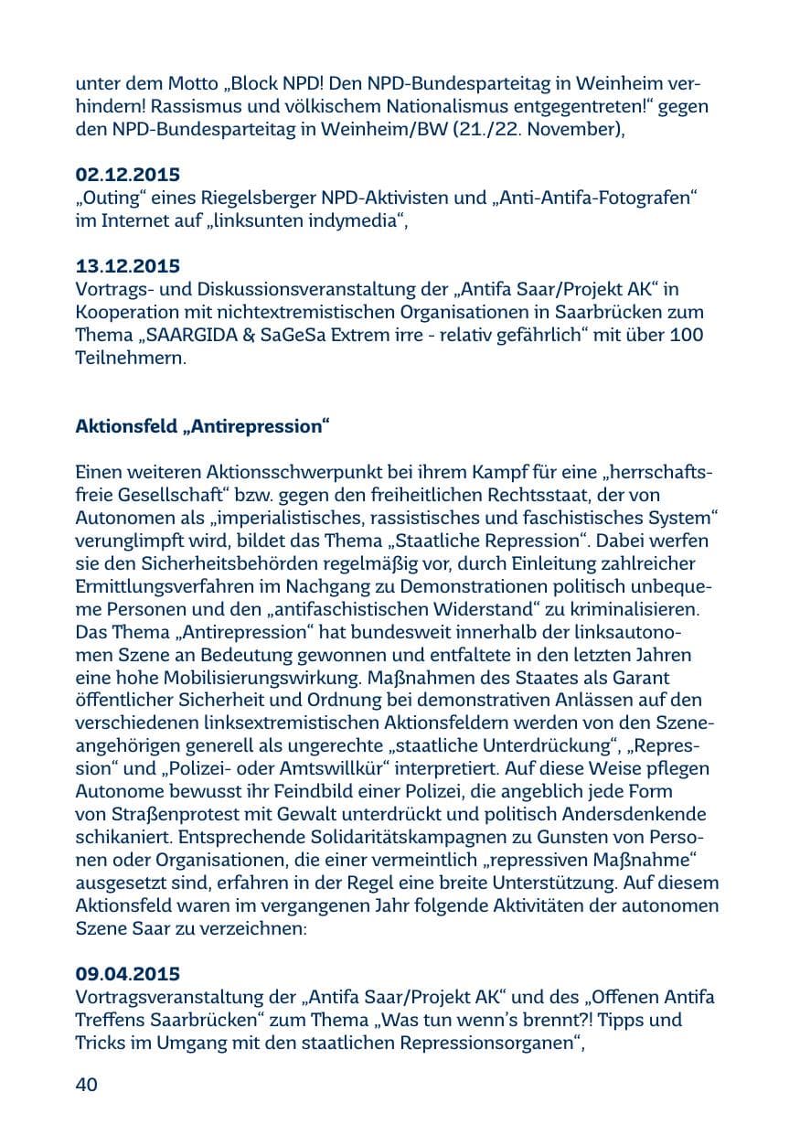 Seite 40 des Verfassungsschutzbericht 2015 Saarland