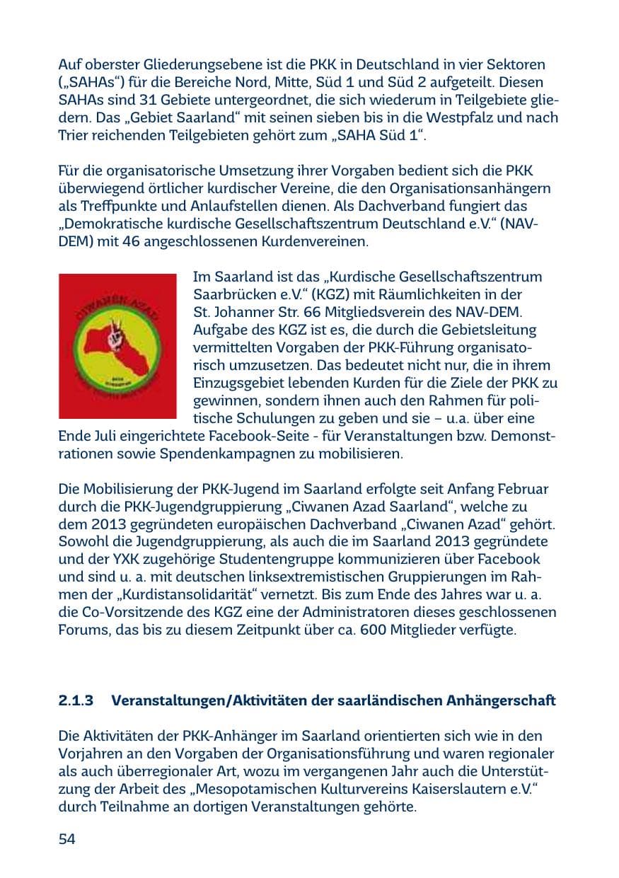 Seite 54 des Verfassungsschutzbericht 2015 Saarland