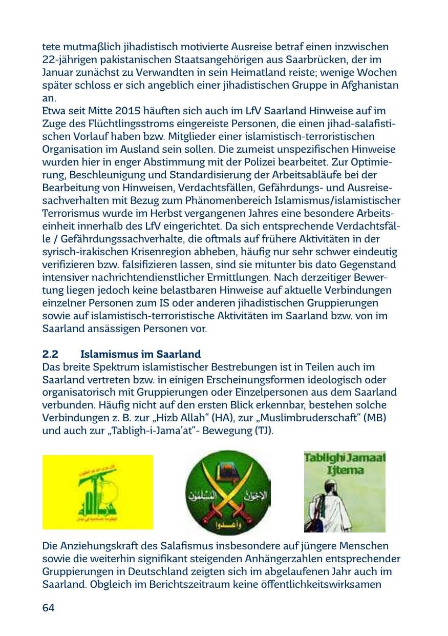 Seite 64 des Verfassungsschutzbericht 2015 Saarland