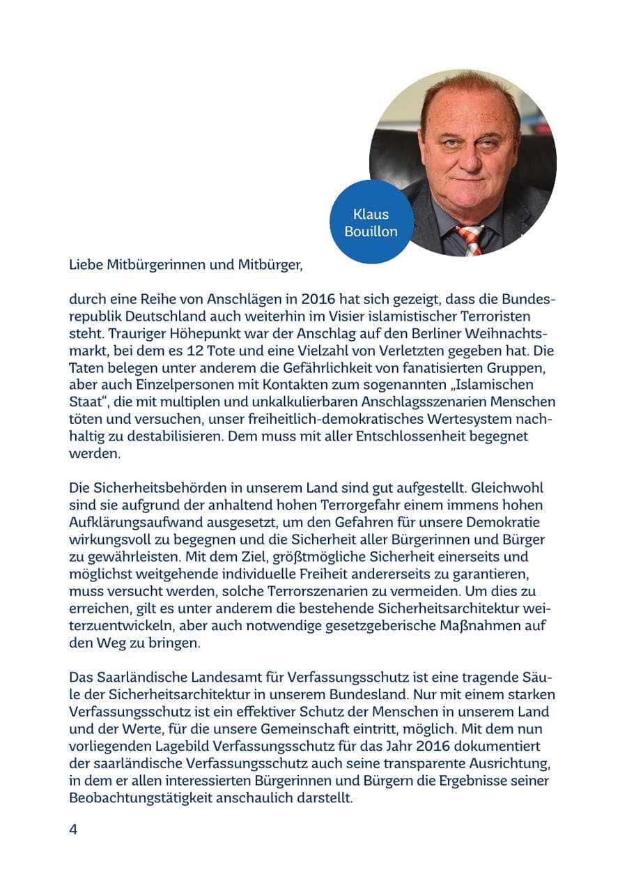 Seite 4 des Verfassungsschutzbericht 2016 Saarland