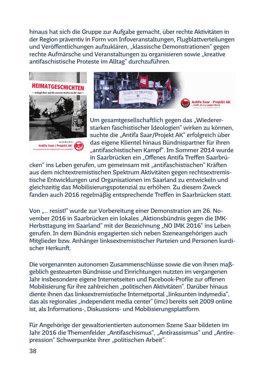 Seite 38 des Verfassungsschutzbericht 2016 Saarland