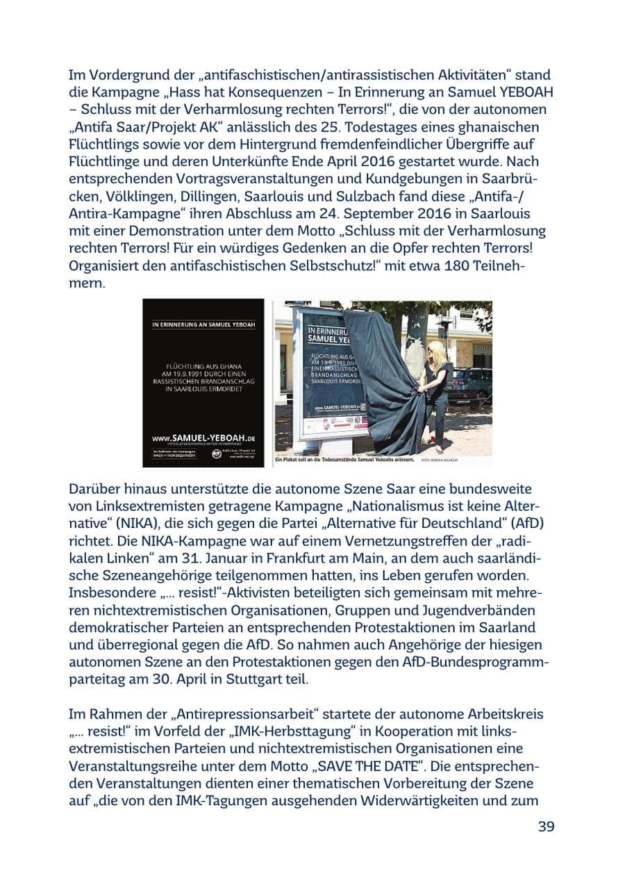 Seite 39 des Verfassungsschutzbericht 2016 Saarland