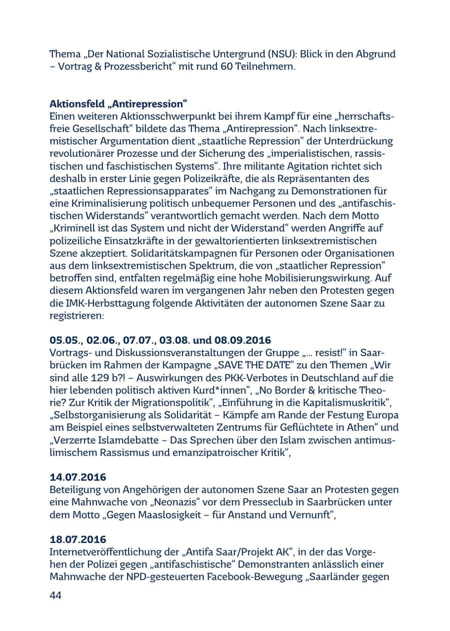 Seite 44 des Verfassungsschutzbericht 2016 Saarland