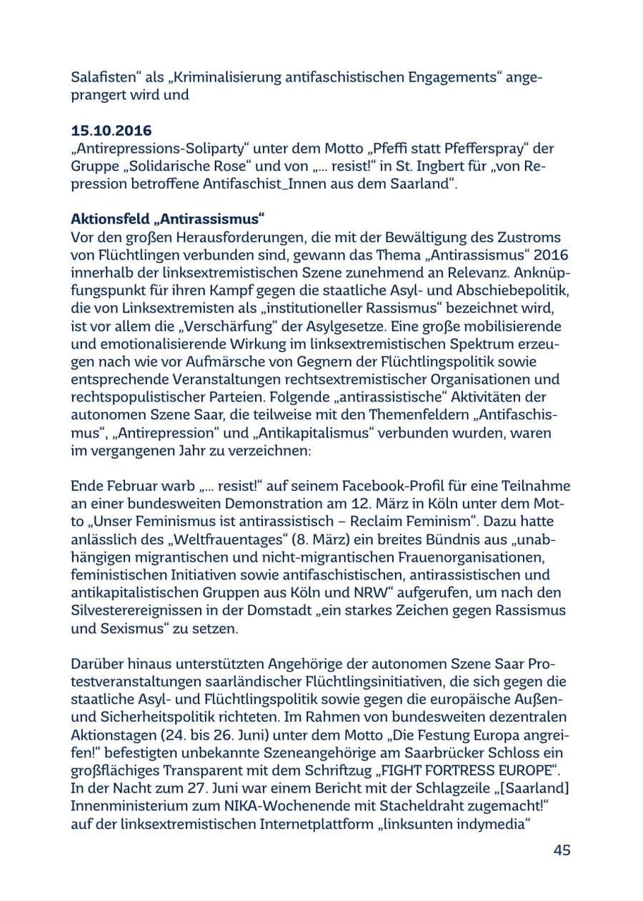 Seite 45 des Verfassungsschutzbericht 2016 Saarland