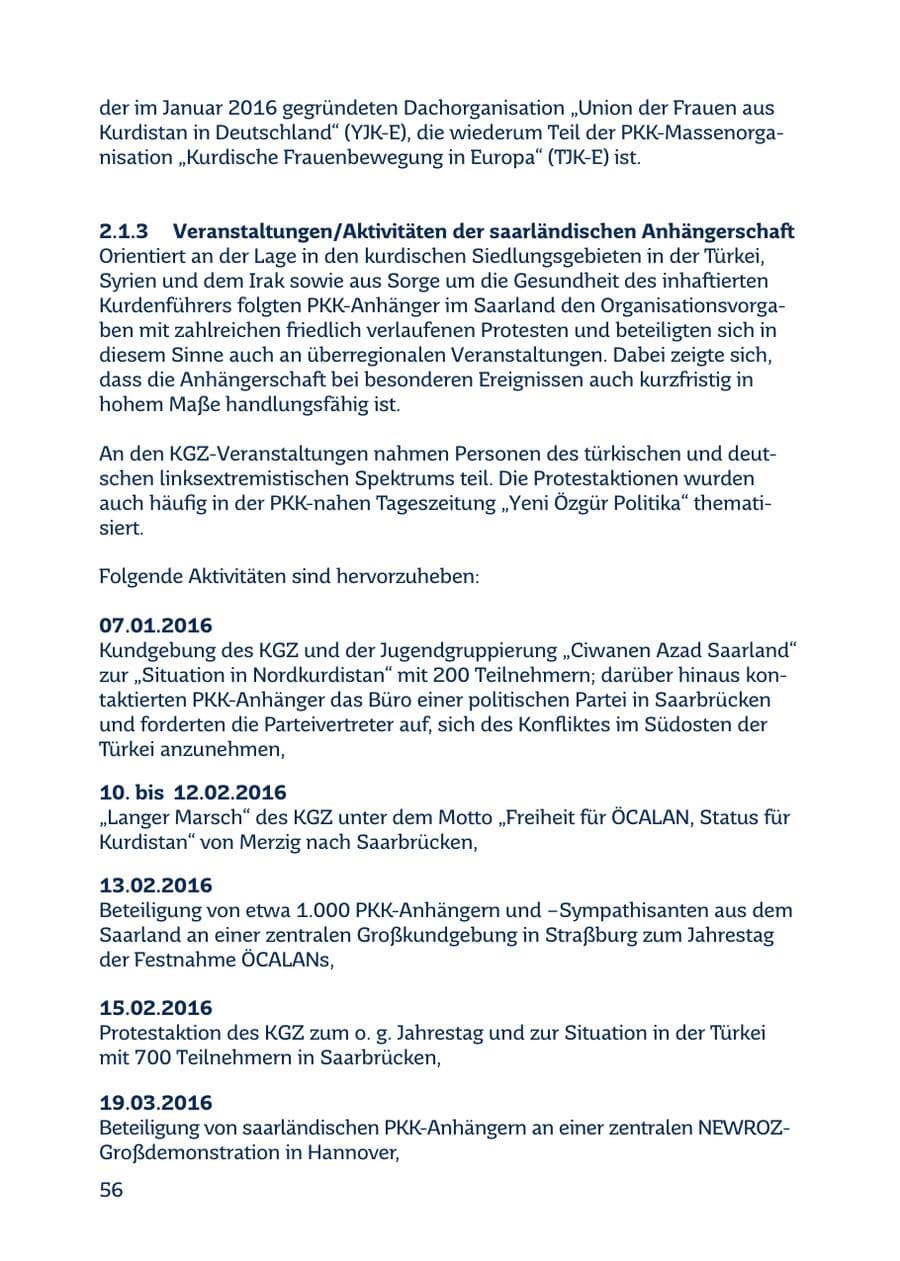 Seite 56 des Verfassungsschutzbericht 2016 Saarland