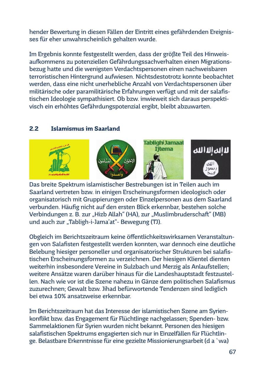 Seite 67 des Verfassungsschutzbericht 2016 Saarland