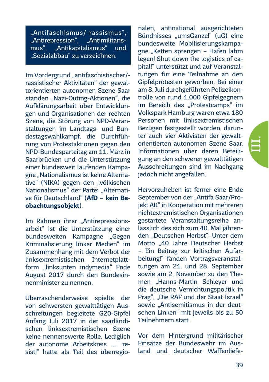 Seite 39 des Verfassungsschutzbericht 2017 Saarland