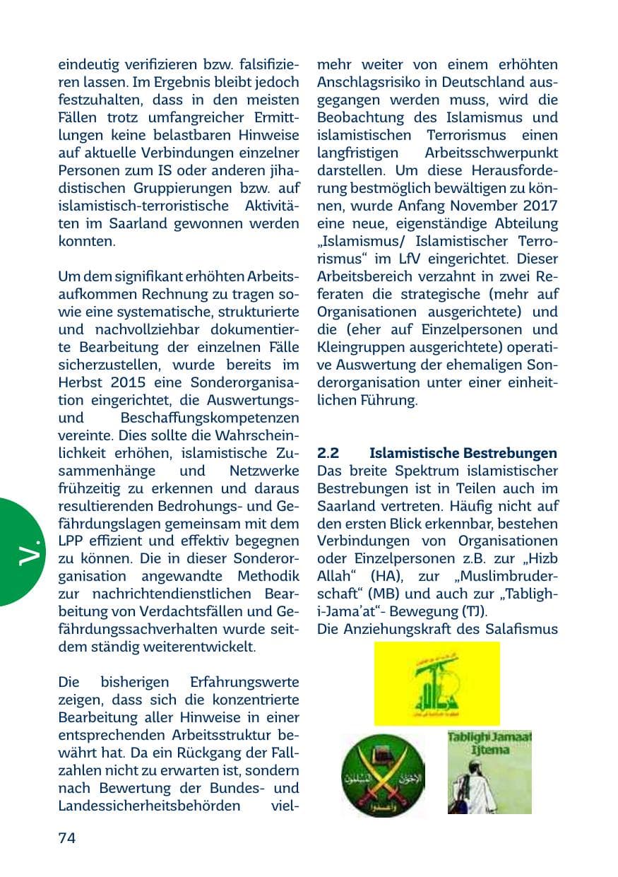 Seite 74 des Verfassungsschutzbericht 2017 Saarland