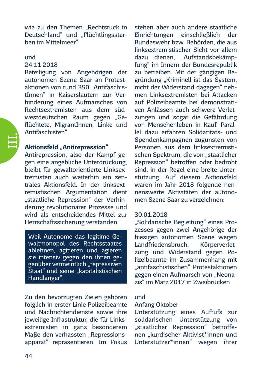 Seite 46 des Verfassungsschutzbericht 2018 Saarland
