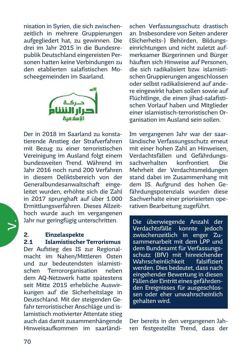 Seite 72 des Verfassungsschutzbericht 2018 Saarland