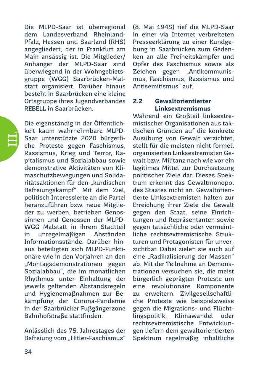 Seite 36 des Verfassungsschutzbericht 2020 Saarland