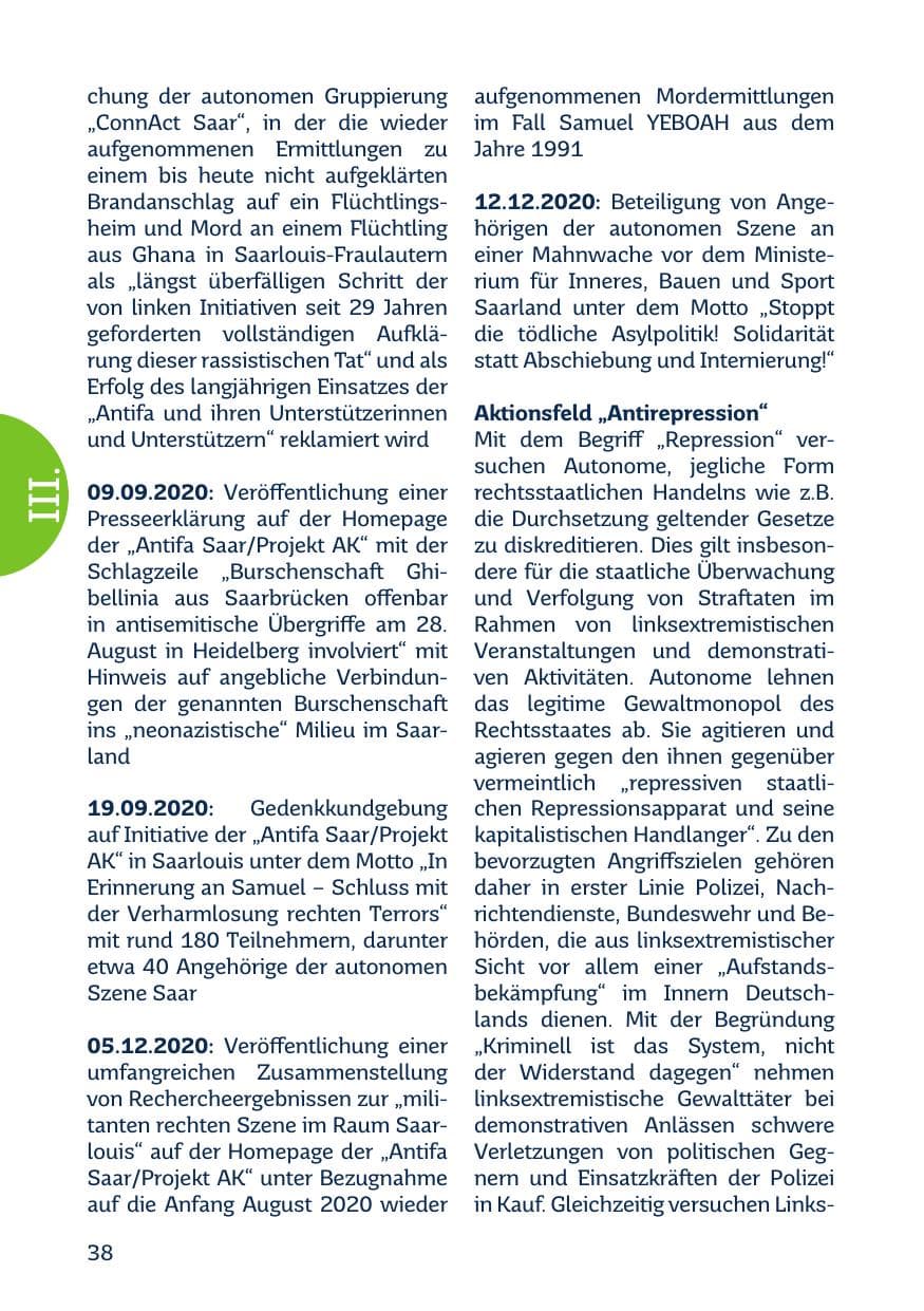 Seite 40 des Verfassungsschutzbericht 2020 Saarland