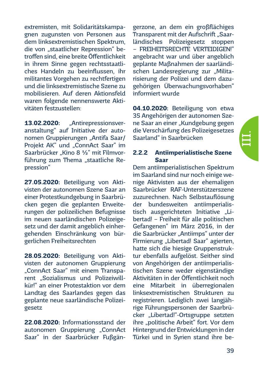 Seite 41 des Verfassungsschutzbericht 2020 Saarland