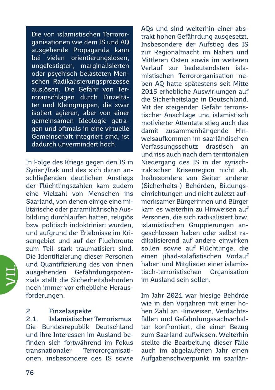 Seite 78 des Verfassungsschutzbericht 2021 Saarland