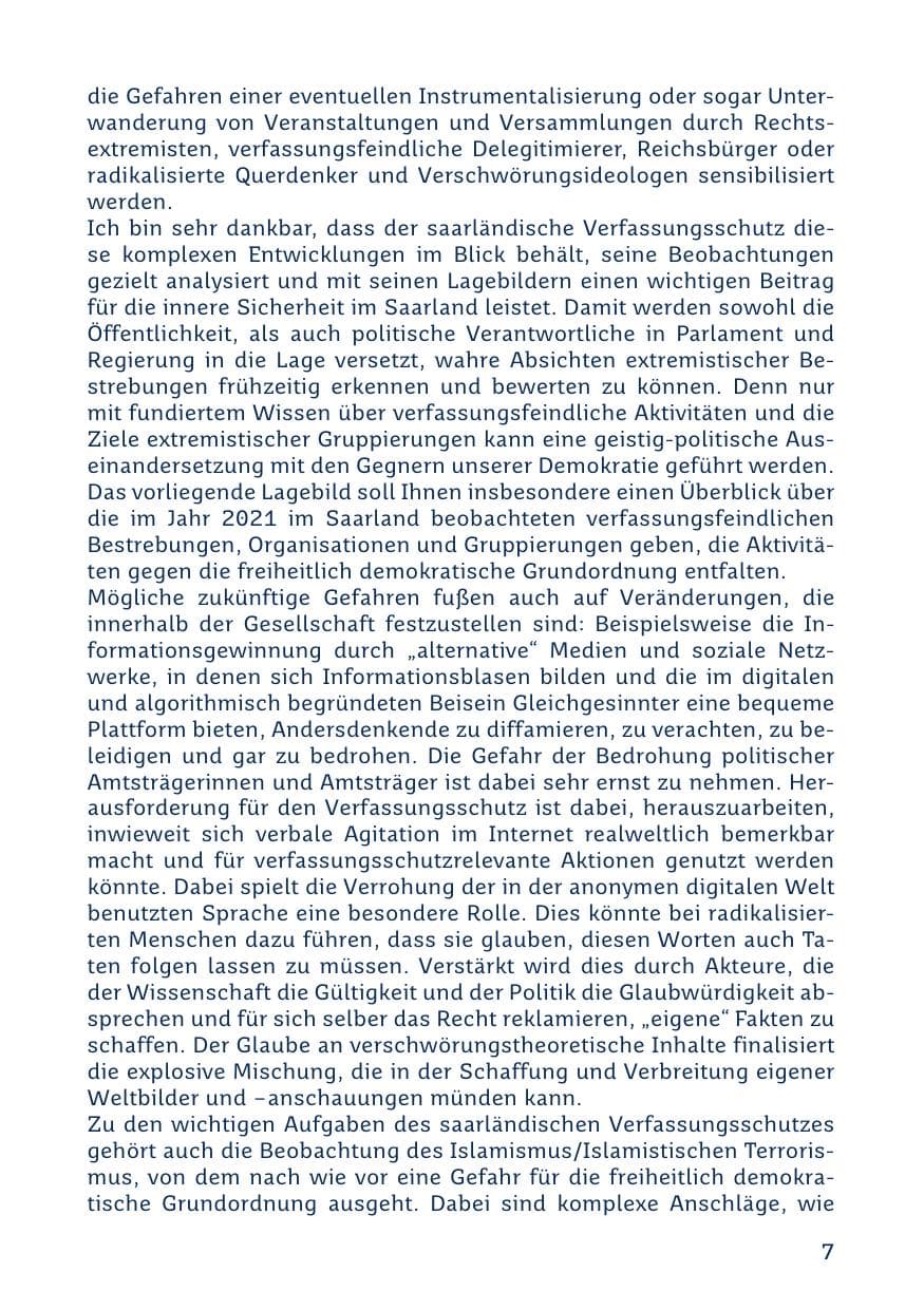 Seite 9 des Verfassungsschutzbericht 2021 Saarland