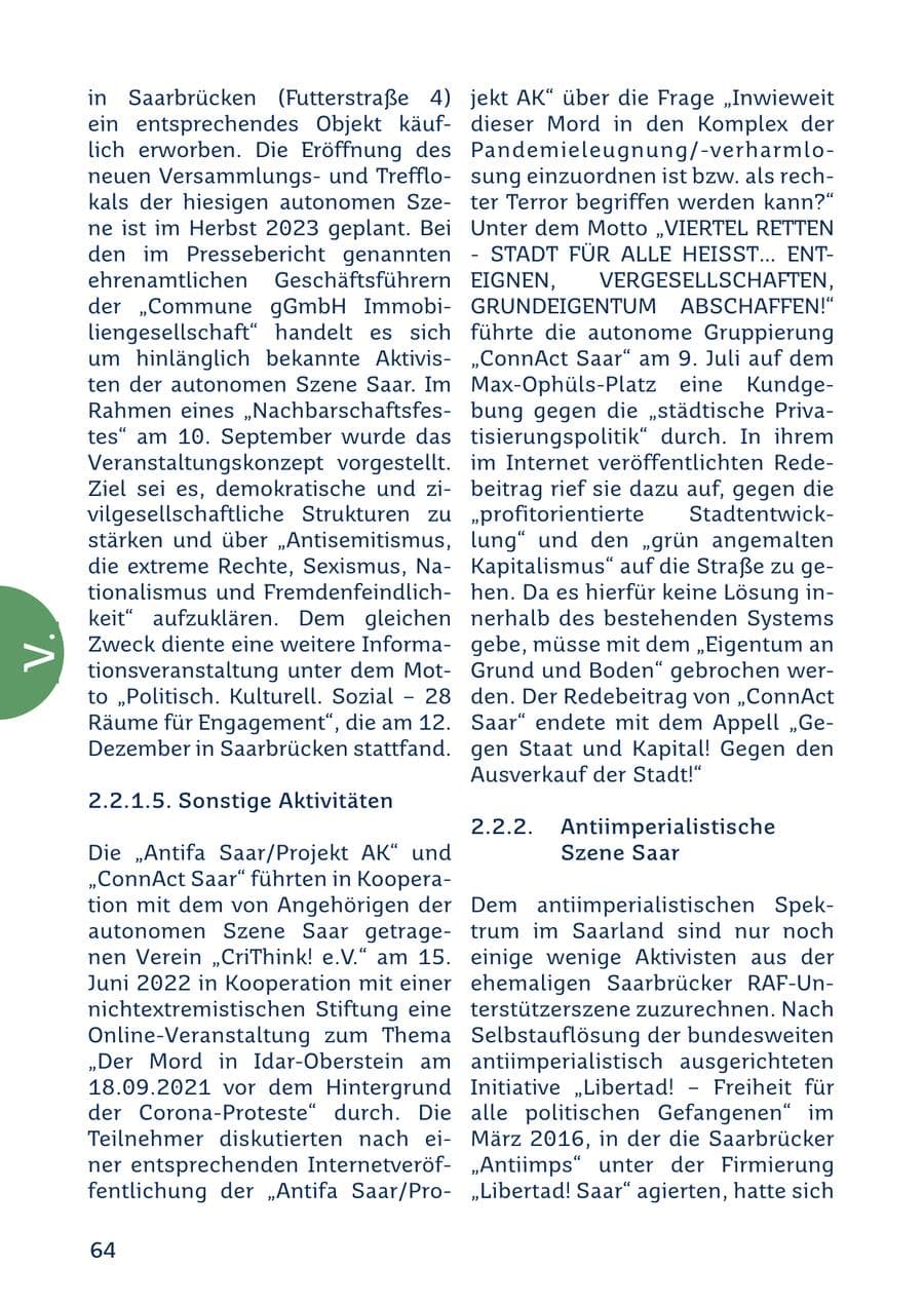 Seite 64 des Verfassungsschutzbericht 2022 Saarland