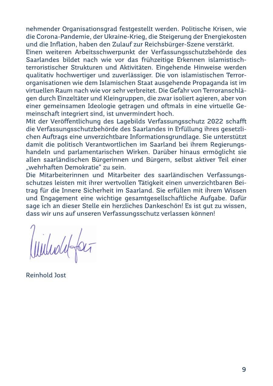 Seite 9 des Verfassungsschutzbericht 2022 Saarland