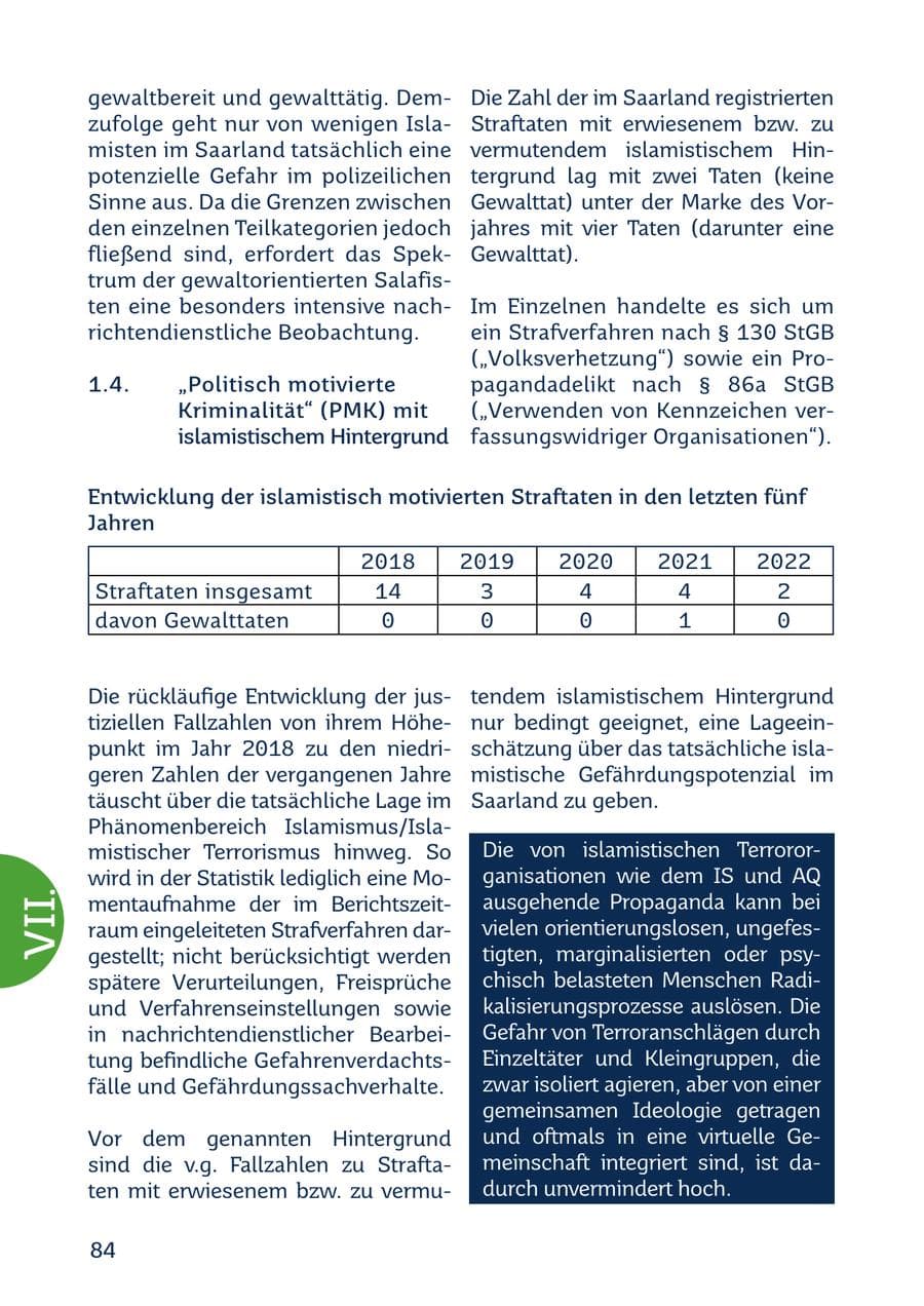 Seite 84 des Verfassungsschutzbericht 2022 Saarland
