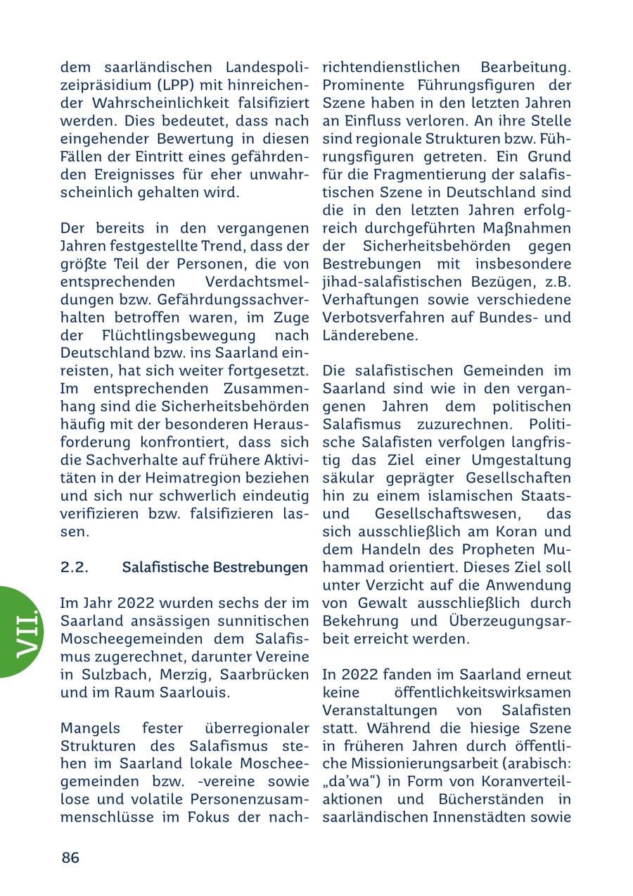 Seite 86 des Verfassungsschutzbericht 2022 Saarland