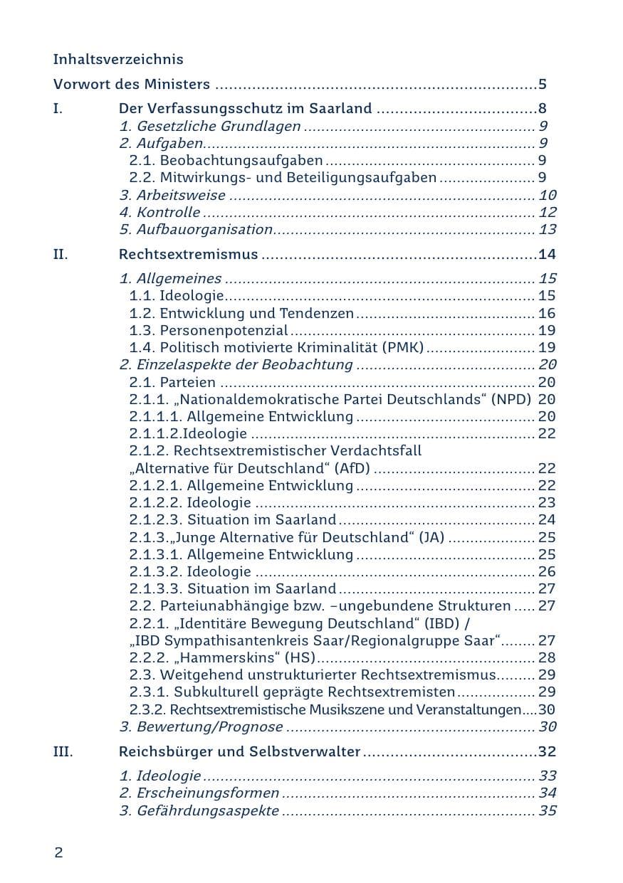 Seite 2 des Verfassungsschutzbericht 2023 Saarland