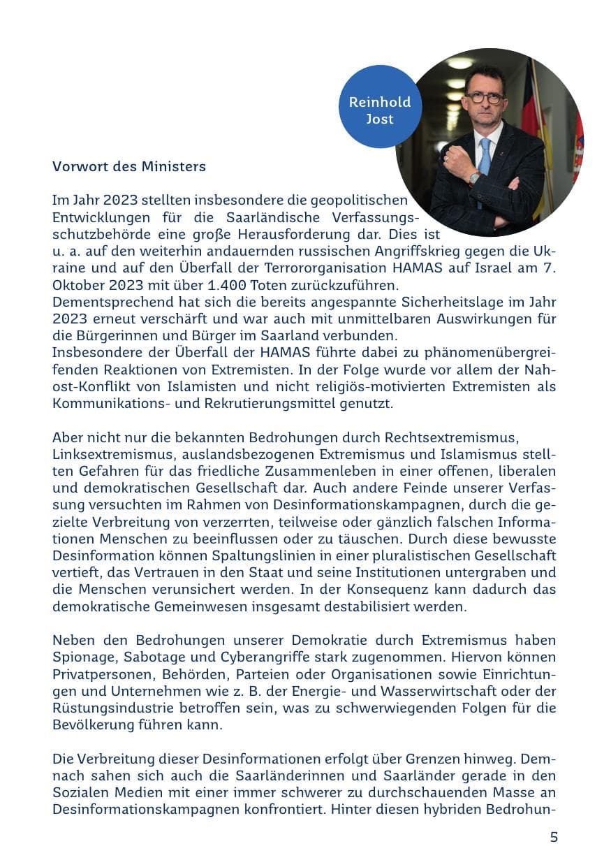 Seite 5 des Verfassungsschutzbericht 2023 Saarland