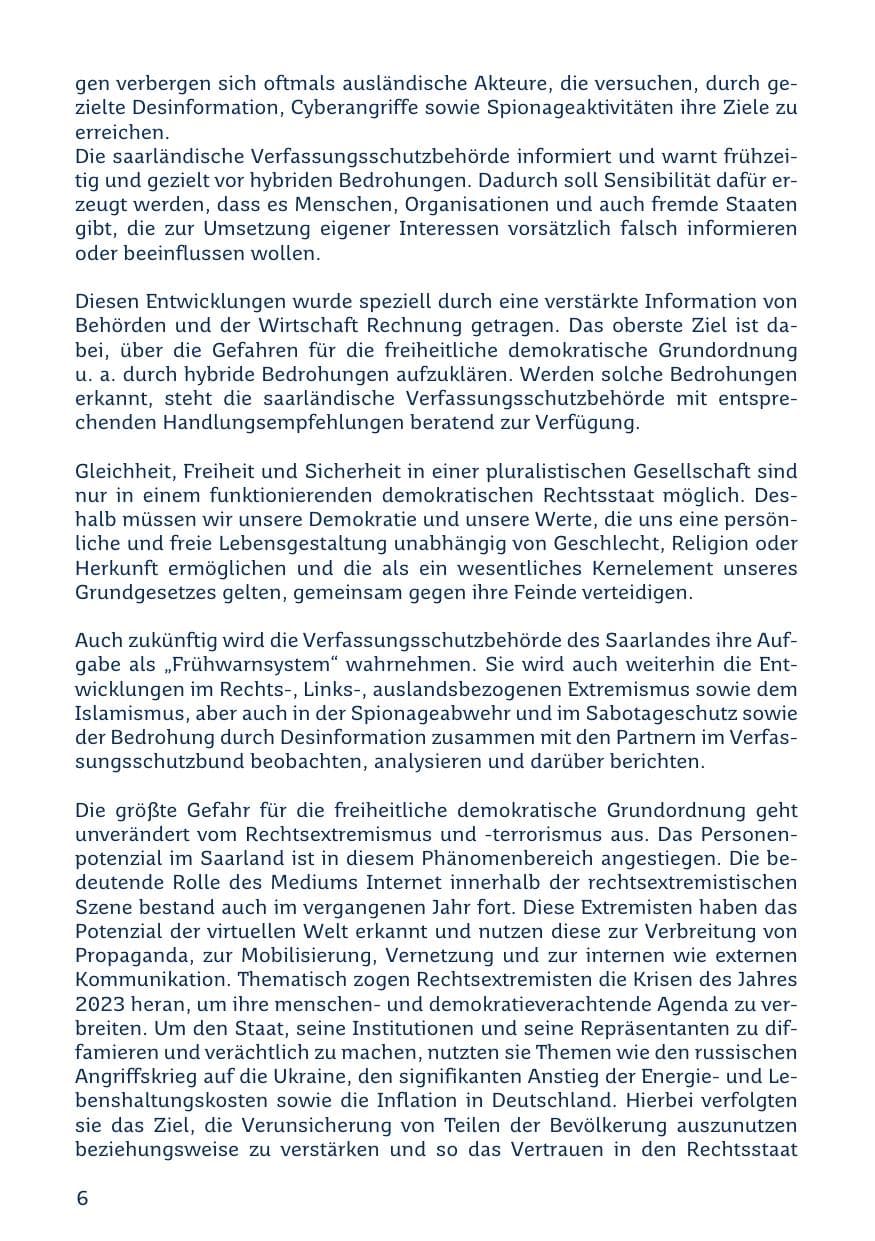 Seite 6 des Verfassungsschutzbericht 2023 Saarland