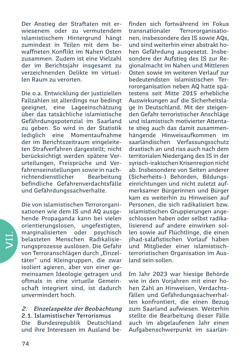 Seite 74 des Verfassungsschutzbericht 2023 Saarland