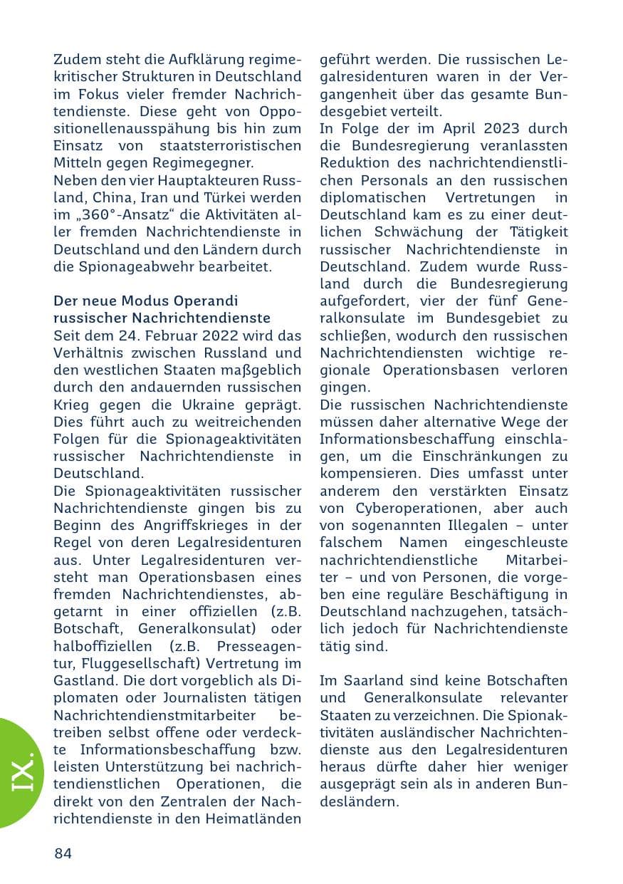 Seite 84 des Verfassungsschutzbericht 2023 Saarland