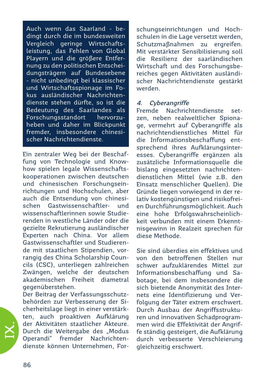 Seite 86 des Verfassungsschutzbericht 2023 Saarland