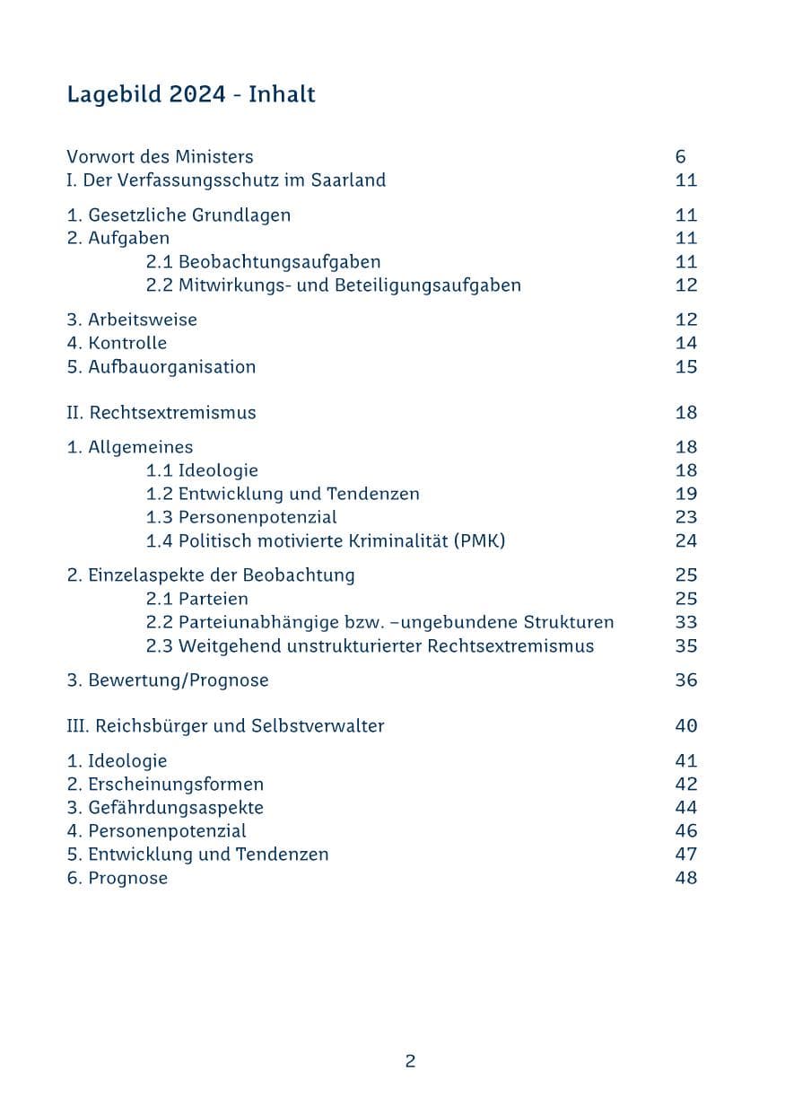 Seite 2 des Verfassungsschutzbericht 2024 Saarland