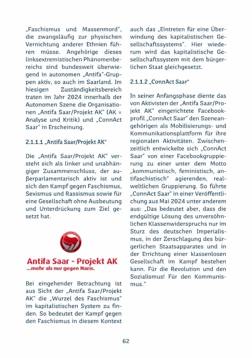 Seite 62 des Verfassungsschutzbericht 2024 Saarland