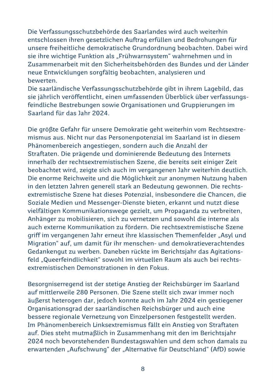 Seite 8 des Verfassungsschutzbericht 2024 Saarland