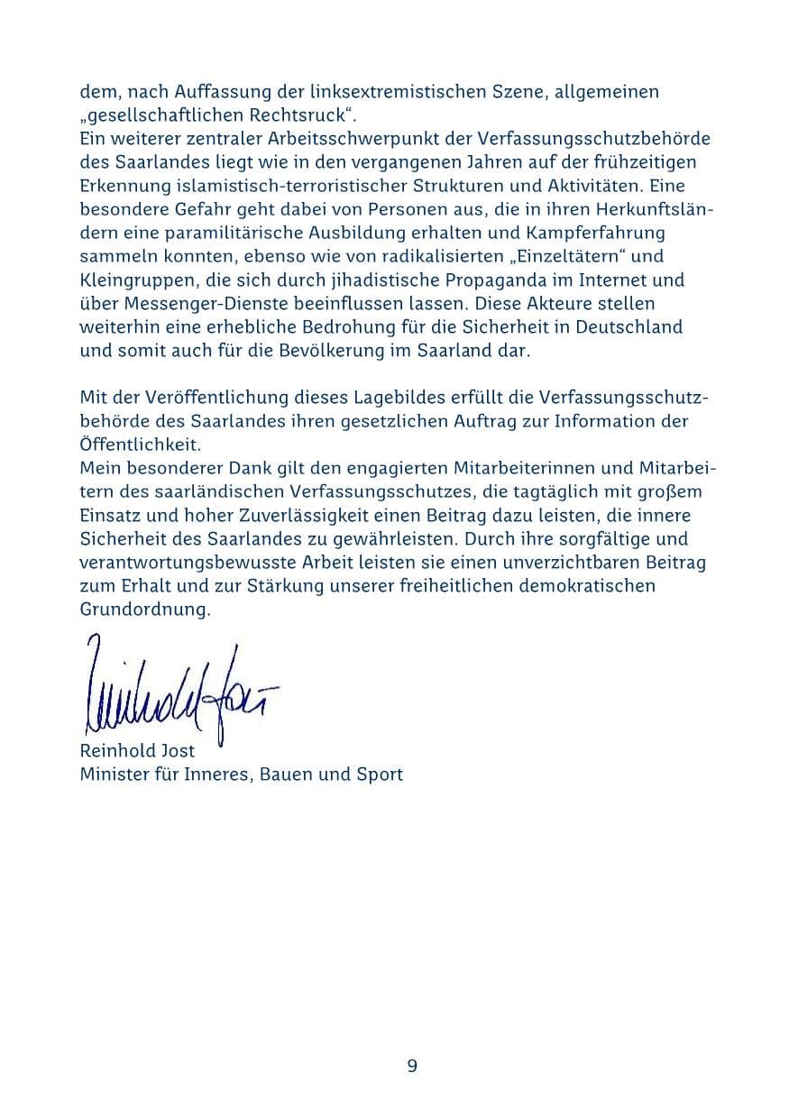 Seite 9 des Verfassungsschutzbericht 2024 Saarland