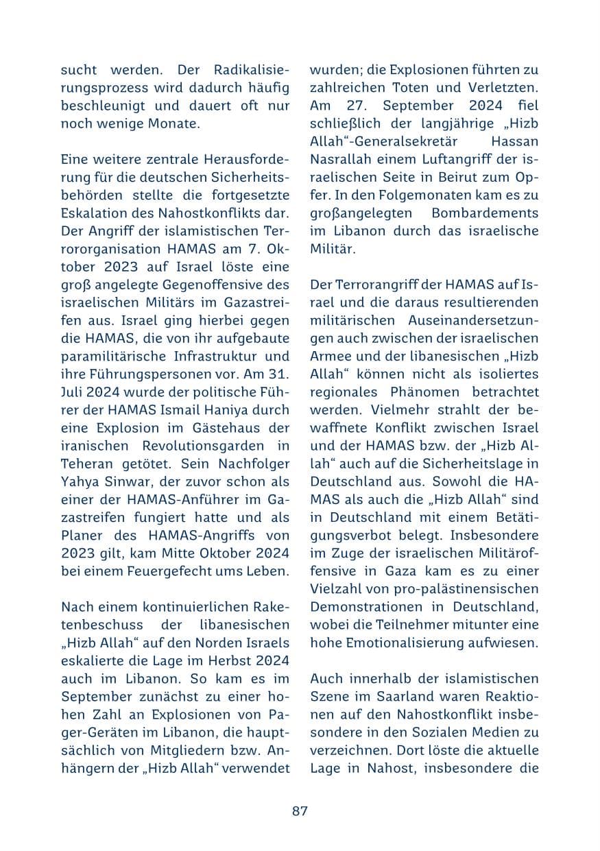 Seite 87 des Verfassungsschutzbericht 2024 Saarland
