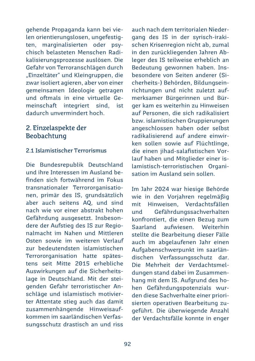 Seite 92 des Verfassungsschutzbericht 2024 Saarland