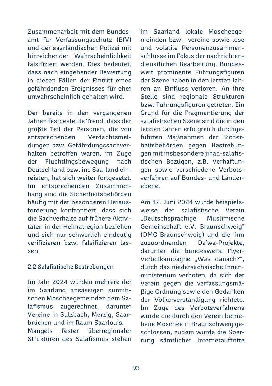 Seite 93 des Verfassungsschutzbericht 2024 Saarland
