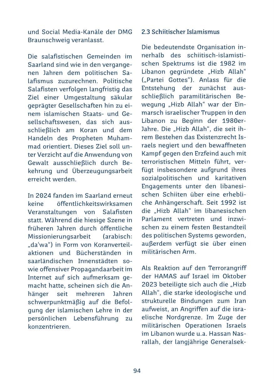 Seite 94 des Verfassungsschutzbericht 2024 Saarland
