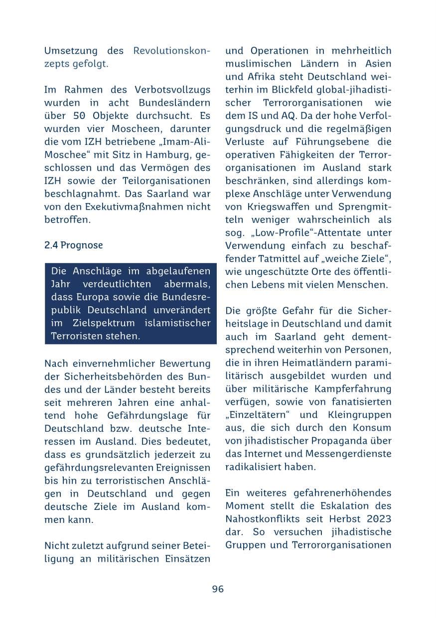 Seite 96 des Verfassungsschutzbericht 2024 Saarland