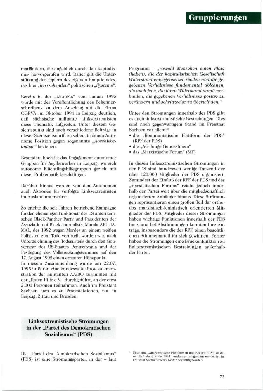 Seite 74 des Verfassungsschutzbericht 1995 Sachsen