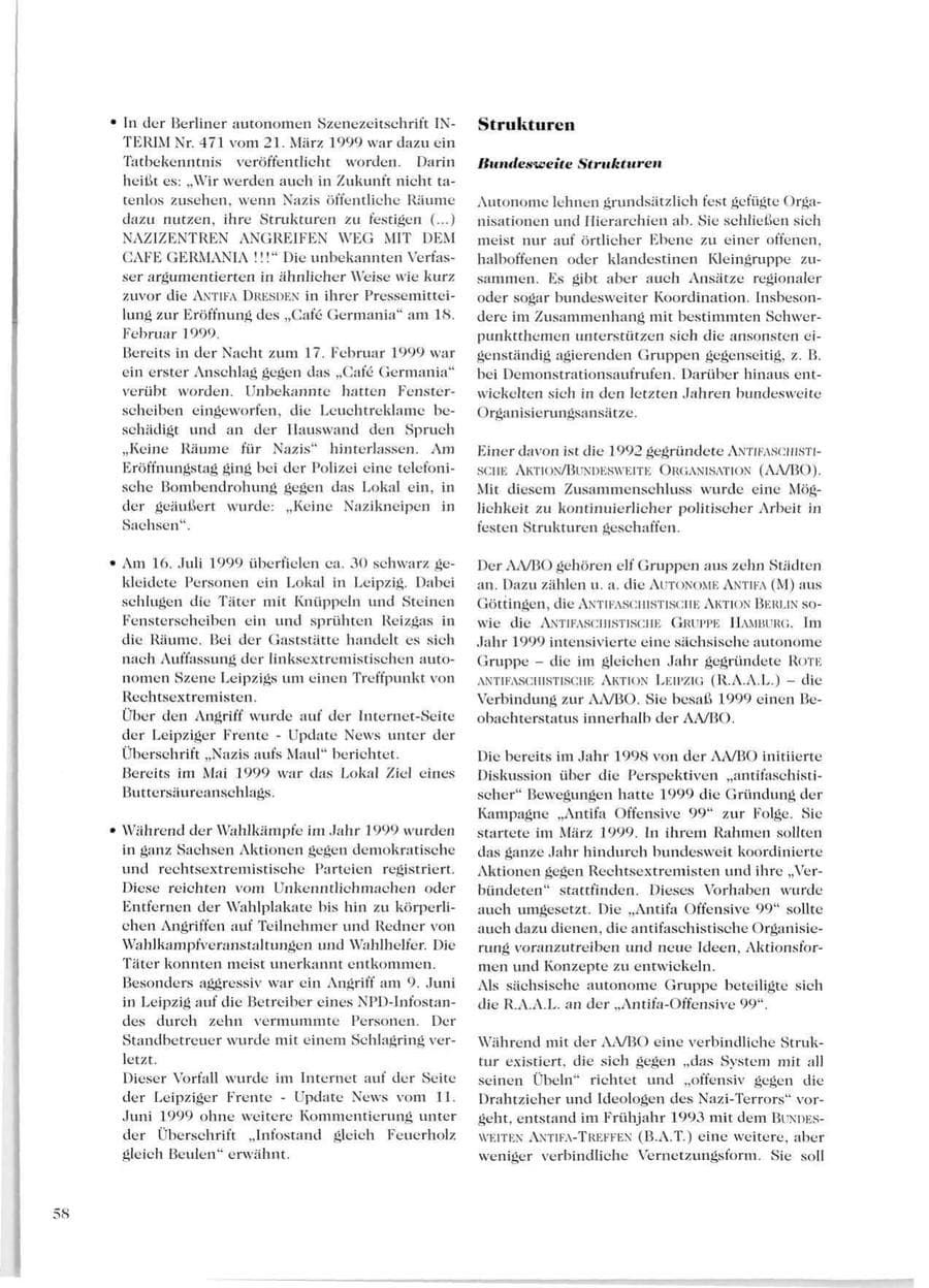 Seite 60 des Verfassungsschutzbericht 1999 Sachsen