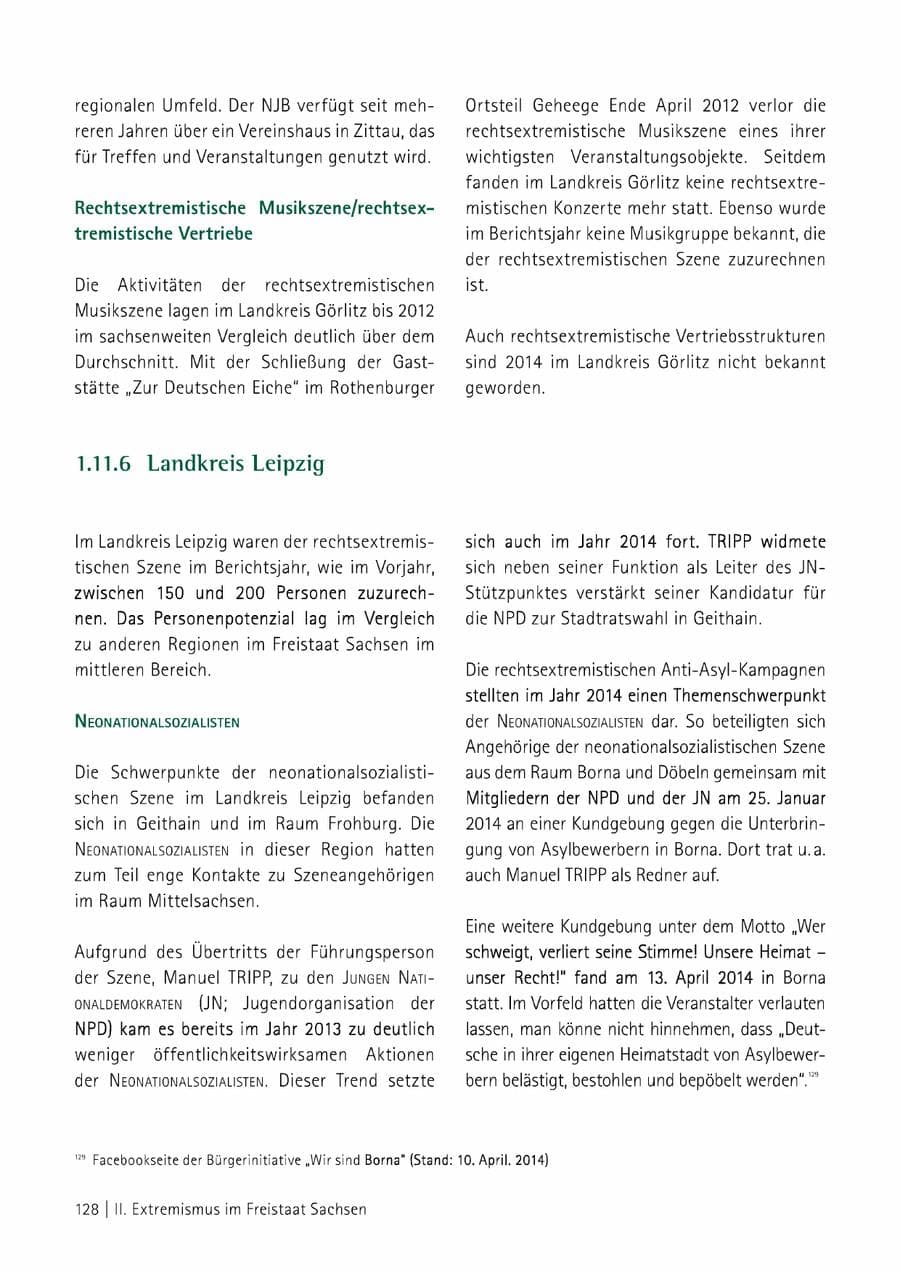 Seite 129 des Verfassungsschutzbericht 2014 Sachsen