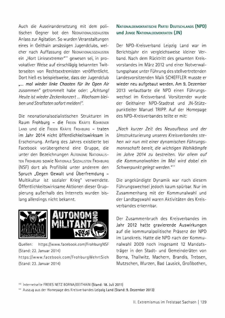 Seite 130 des Verfassungsschutzbericht 2014 Sachsen