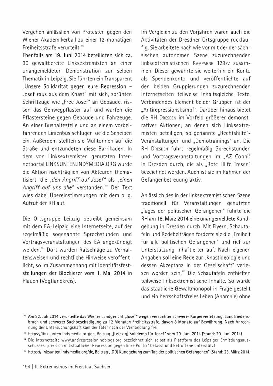 Seite 195 des Verfassungsschutzbericht 2014 Sachsen