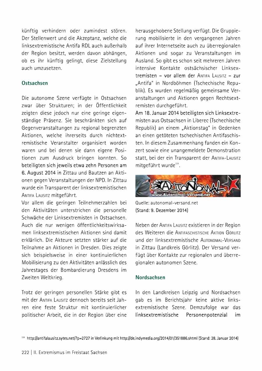 Seite 223 des Verfassungsschutzbericht 2014 Sachsen