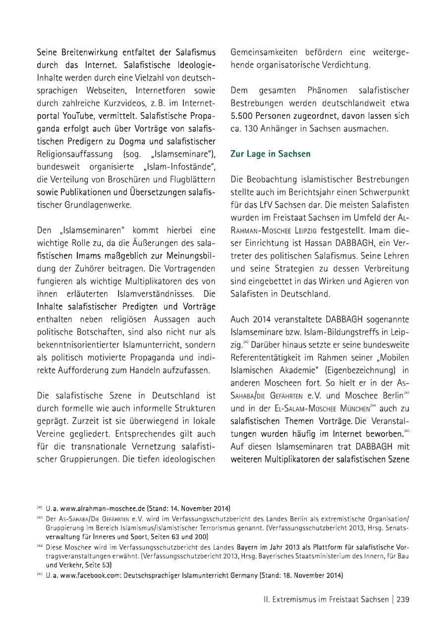 Seite 240 des Verfassungsschutzbericht 2014 Sachsen
