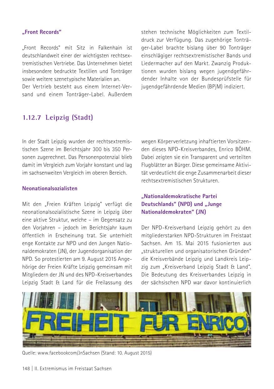 Seite 150 des Verfassungsschutzbericht 2015 Sachsen
