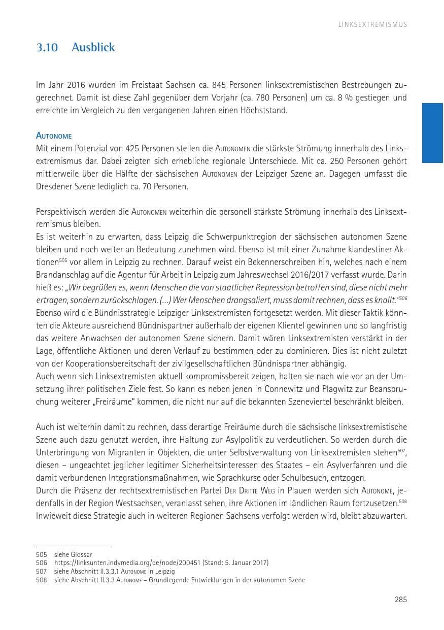 Seite 287 des Verfassungsschutzbericht 2016 Sachsen