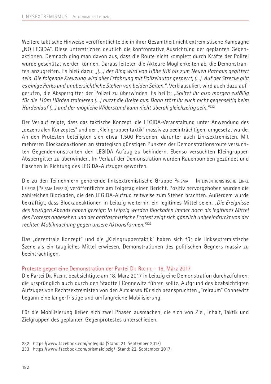 Seite 182 des Verfassungsschutzbericht 2017 Sachsen