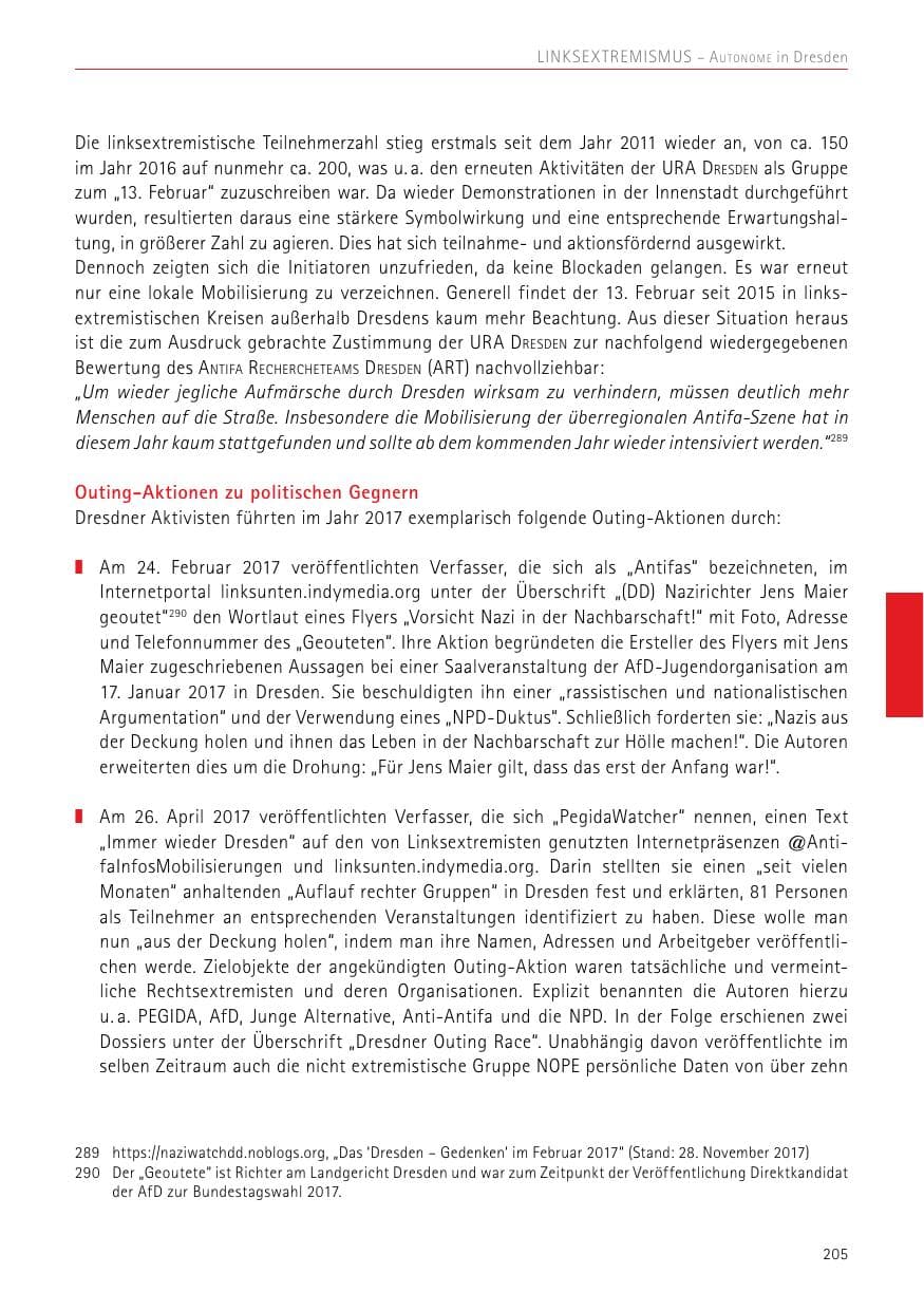 Seite 205 des Verfassungsschutzbericht 2017 Sachsen